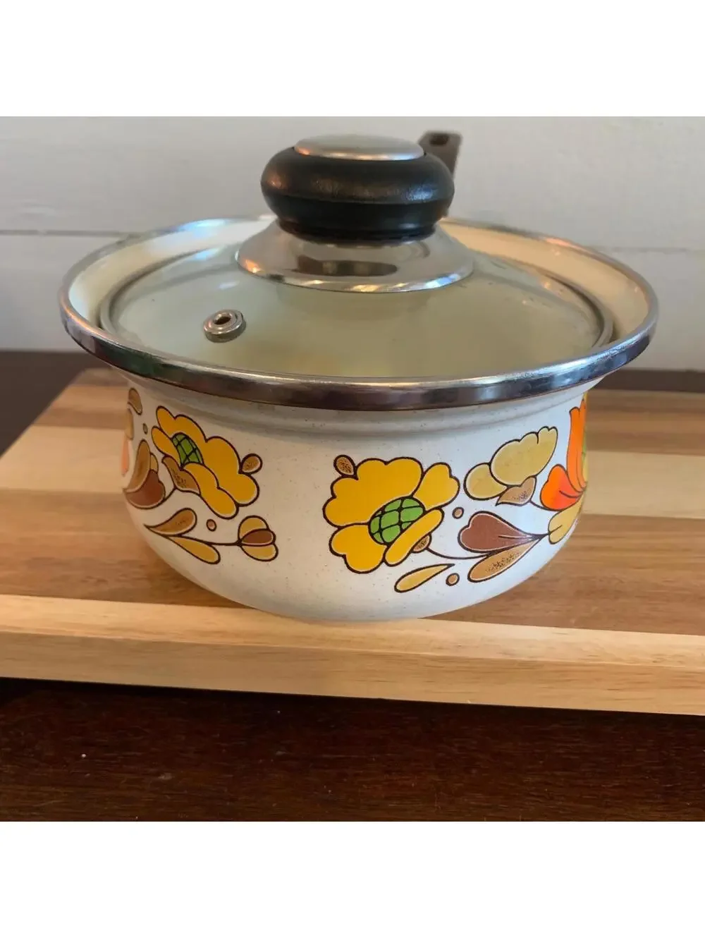 Sanko Ware Japan 1970’s Country Flowers Saucepan - Porcelain Enameled Steel